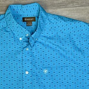Ariat Shirt Mens XL Short Sleeve Wilke Classic Button Western Blue White Diamond